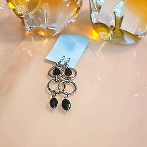 Earrings pierced dangle wires black silver black stones
